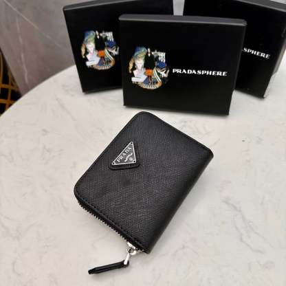 PR SMALL SAFFIANO LEATHER WALLET BLACK AND SILVER 10CM 1ML036 QHH F0002