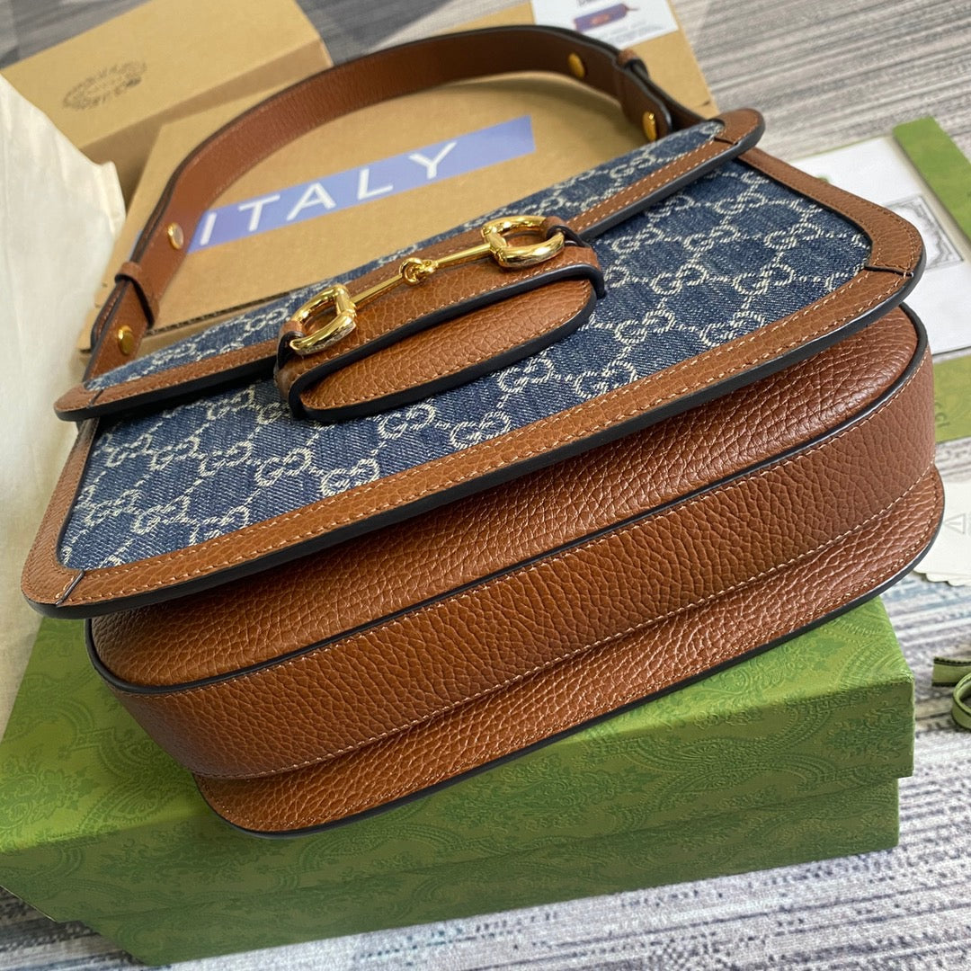 gg Horsebit 1955 Shoulder Bag Blue And Ivory For Women, Women’s Bags 9.8in/25cm gg