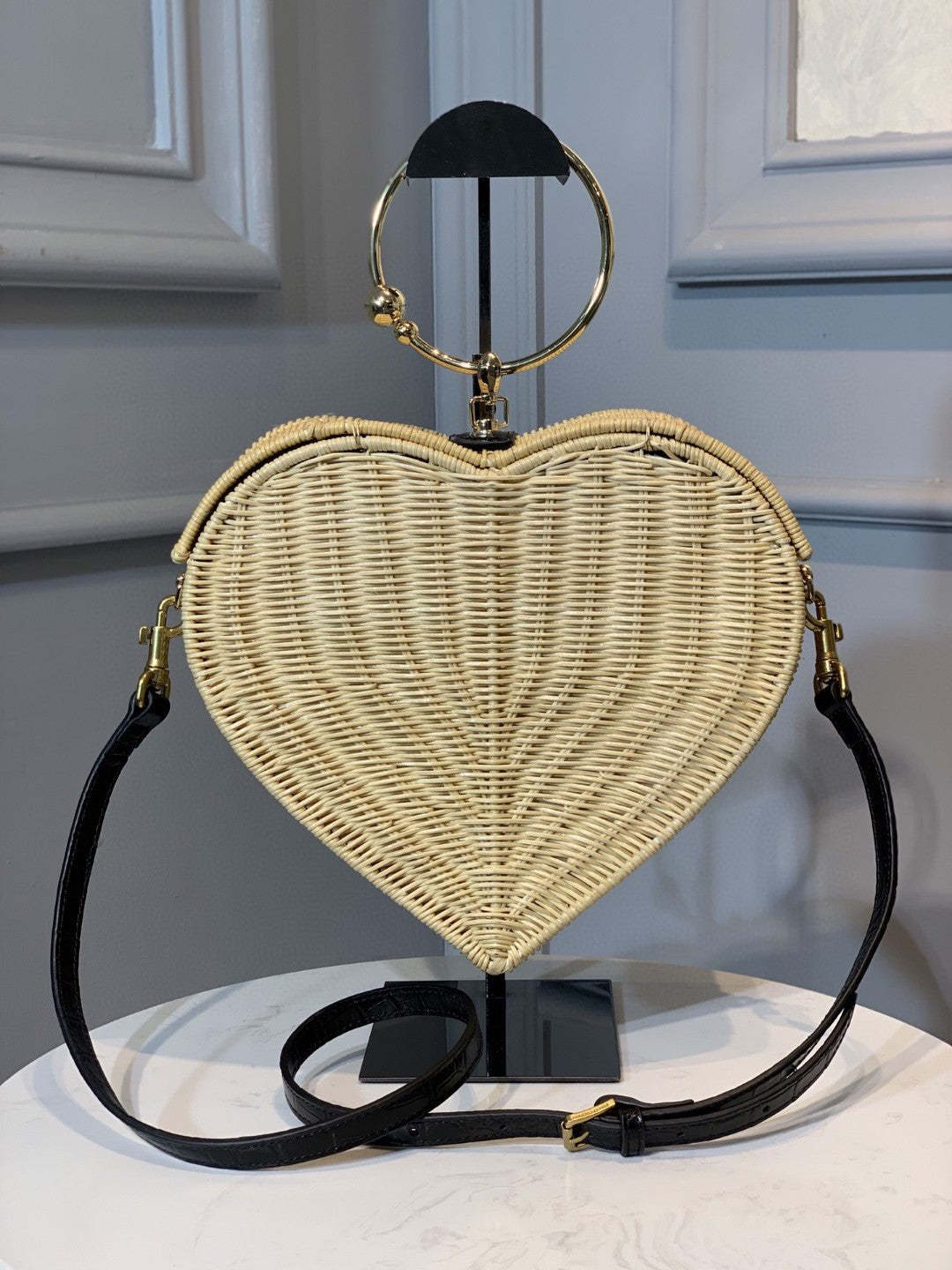 DG Devotion Crystal Heart Wicker Top Handle Bag Beige For Women 10in/26cm DG