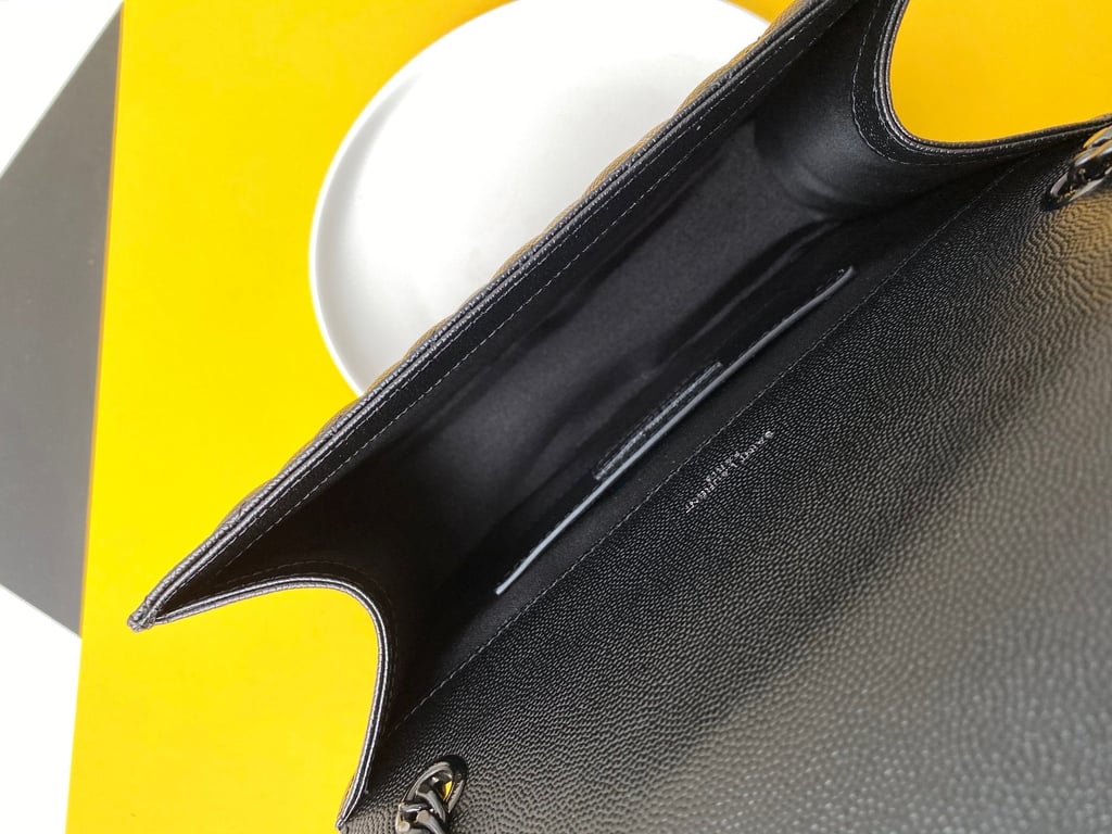 SAINT LAURENT ENVELOPE MEDIUM CHAIN BAG IN MIX MATELASSE GRAIN DE POUDRE EMBOSSED BLACK NOIR 24CM