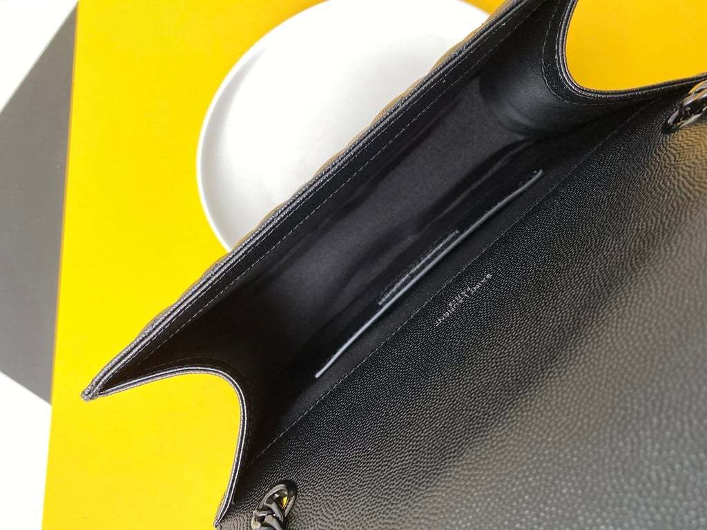 SAINT LAURENT ENVELOPE MEDIUM CHAIN BAG IN MIX MATELASSE GRAIN DE POUDRE EMBOSSED BLACK NOIR 24CM