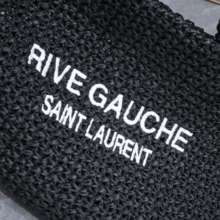 SAINT LAURENT BLACK TOTE RIVE GAUCHE RAFFIA CROCHET