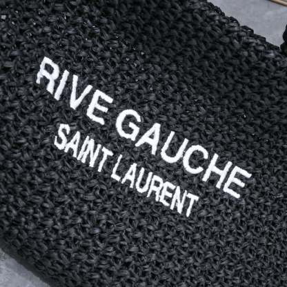 SAINT LAURENT BLACK TOTE RIVE GAUCHE RAFFIA CROCHET