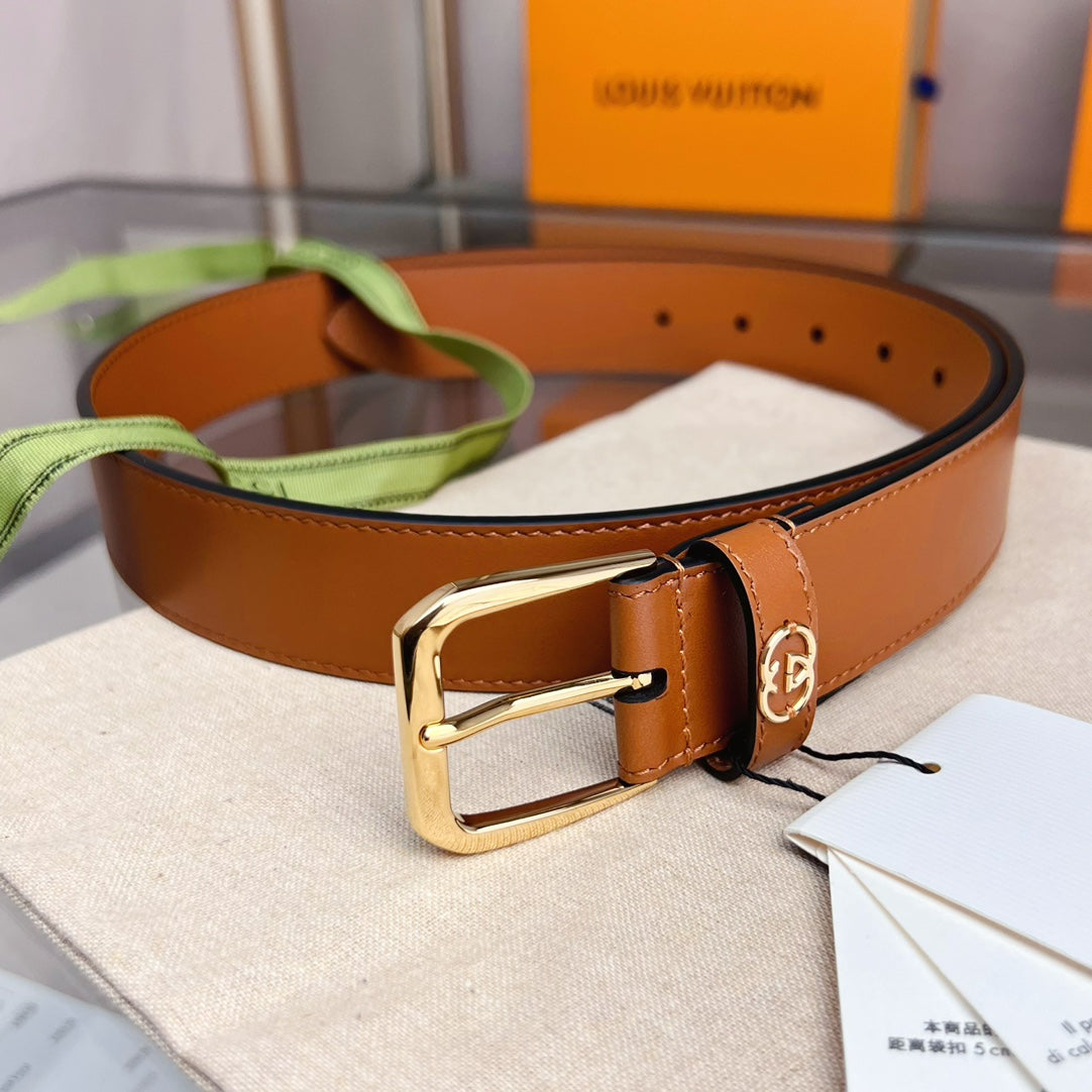 GG BROWN BELT WITH SQUARE BUCKLE AND INTERLOCKING G GOLD MEATL 35MM
