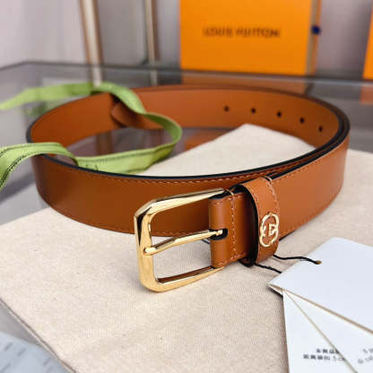 GG BROWN BELT WITH SQUARE BUCKLE AND INTERLOCKING G GOLD MEATL 35MM