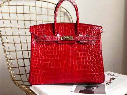 HM A SHINY SANGUINE POROSUS CROCODILE BIRKIN 30 WITH GOLD HARDWARE RED 30CM