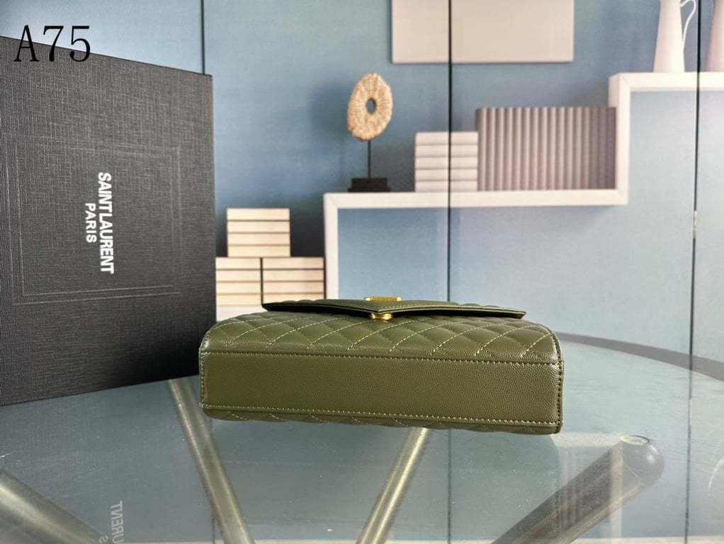 SAINT LAURENT ENVELOPE MEDIUM CHAIN BAG IN SUPPLE MATELASSE LEATHER GREEN GOLD 24CM