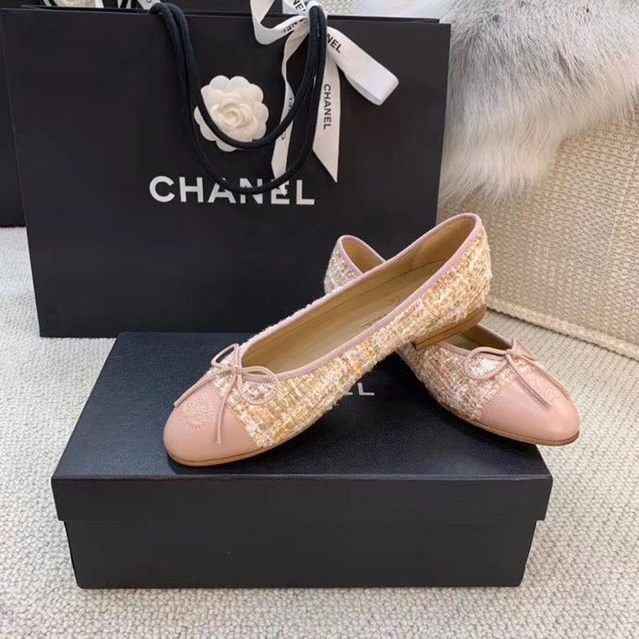 CHL LIGHT PINK BALLERINA FLATS TWEED AND GROSGRAIN
