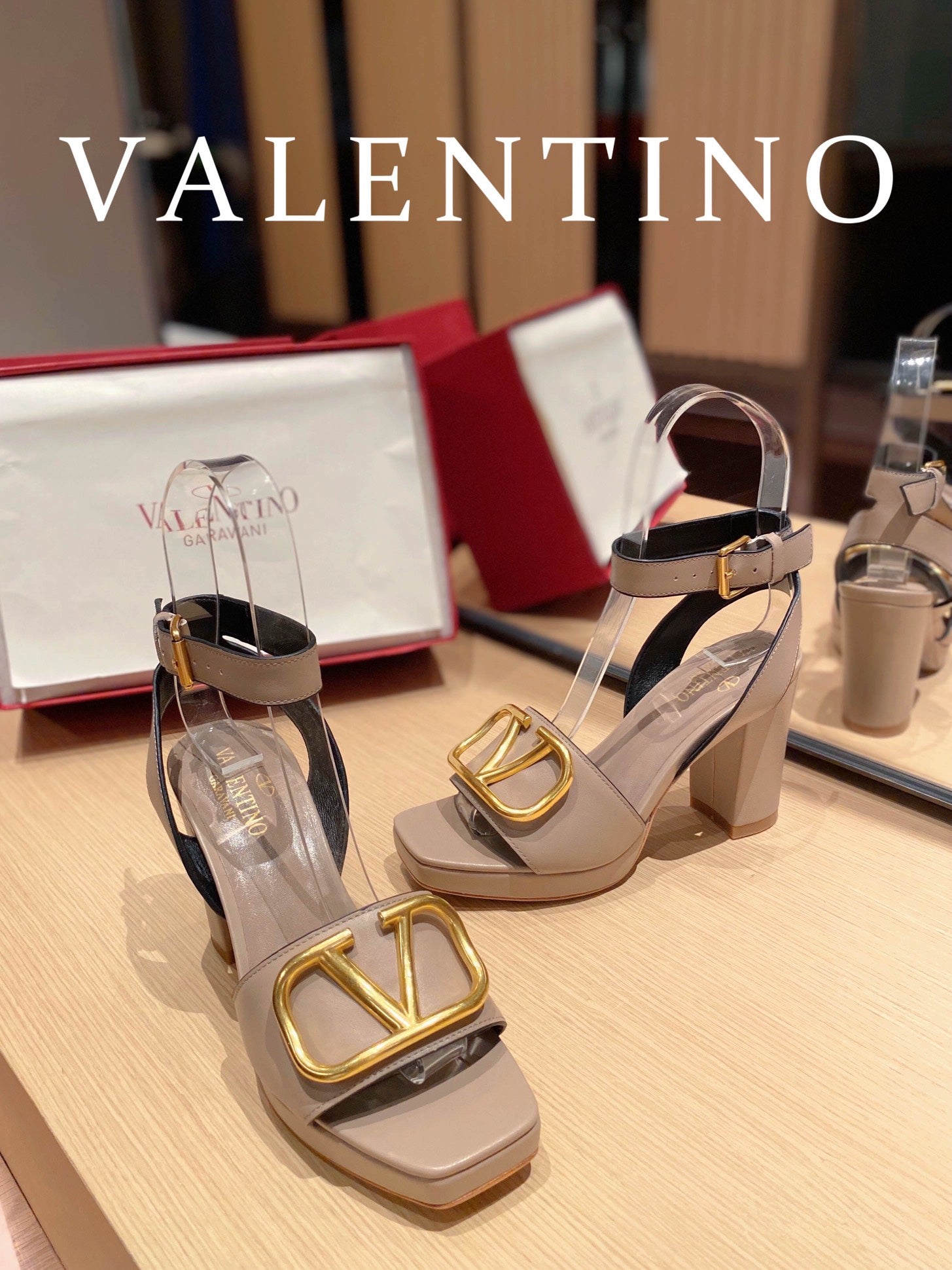 Valentino Garavani Strap Heeled Sandals With V Logo Signature Embellishment Beige For Women