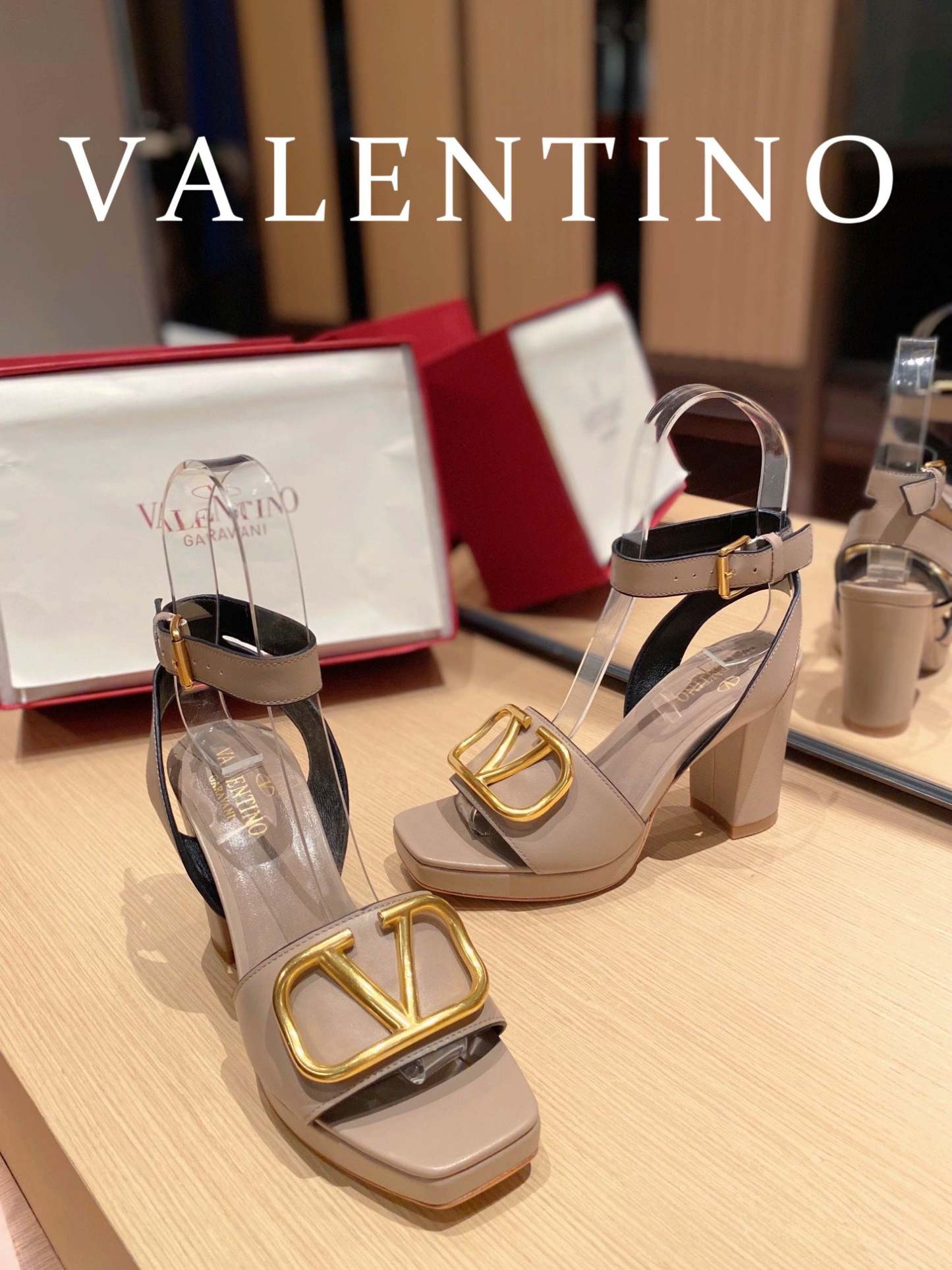 Valentino Garavani Strap Heeled Sandals With V Logo Signature Embellishment Beige For Women