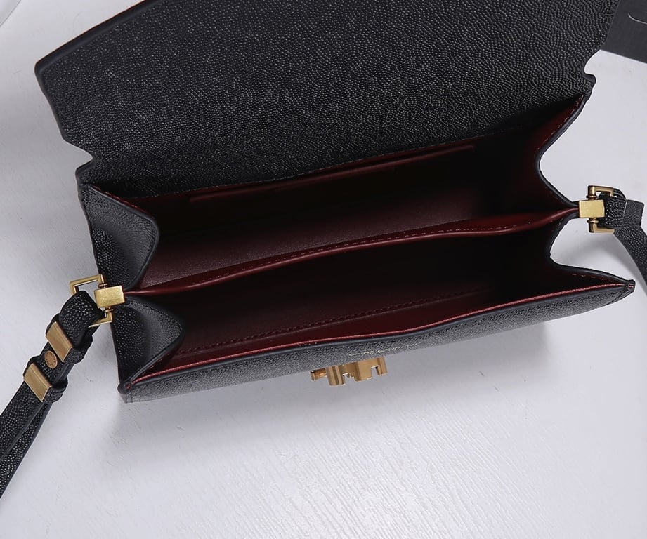 SAINT LAURENT CASSANDRA MINI TOP HANDLE BAG IN GRAIN DE POUDRE EMBOSSED BLACK GOLD 20CM