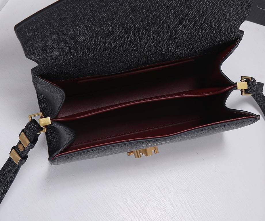 SAINT LAURENT CASSANDRA MINI TOP HANDLE BAG IN GRAIN DE POUDRE EMBOSSED BLACK GOLD 20CM