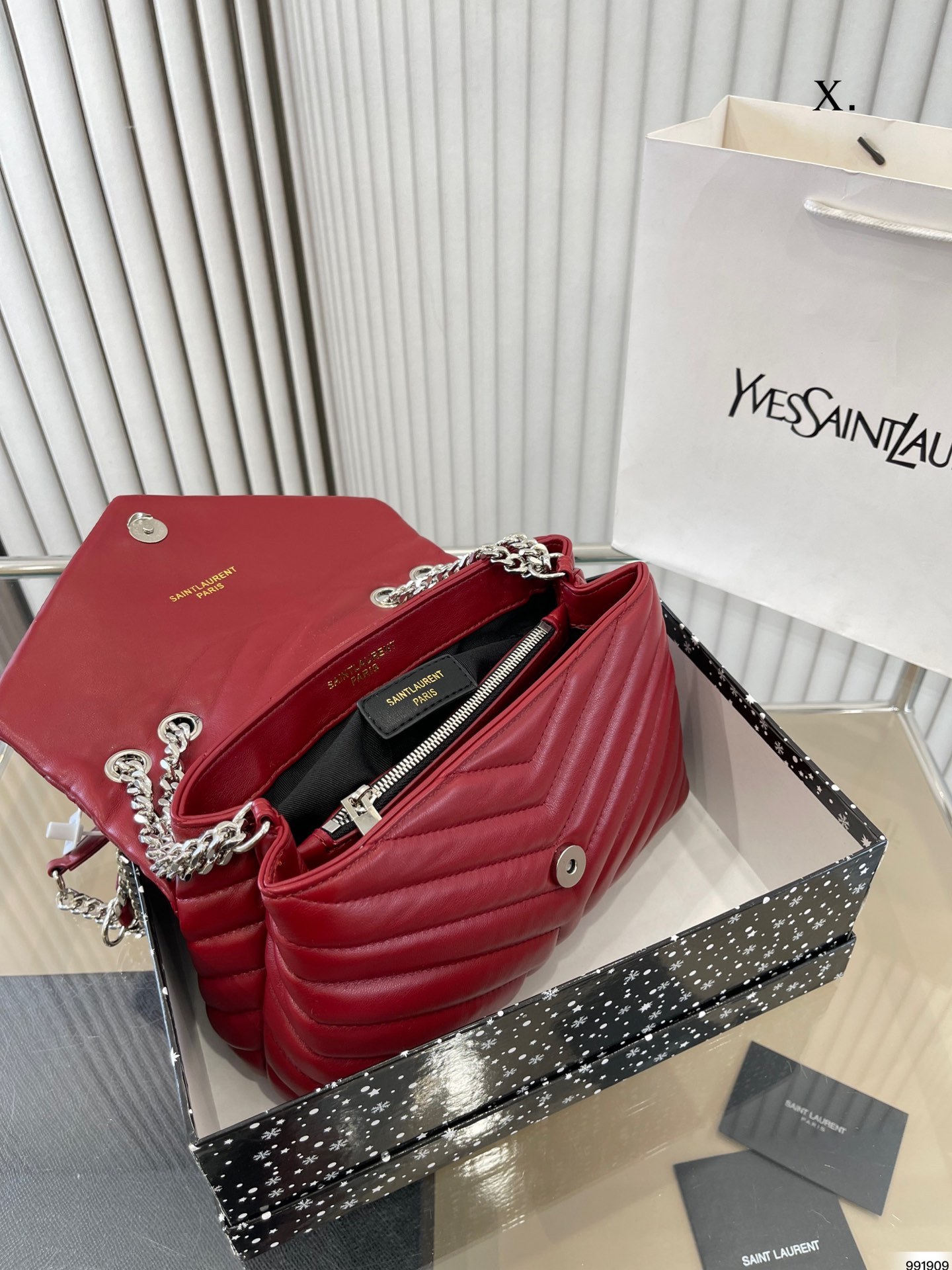YSL LOULOU SMALL CHAIN BAG IN QUILTED "Y" LEATHER WINE RED