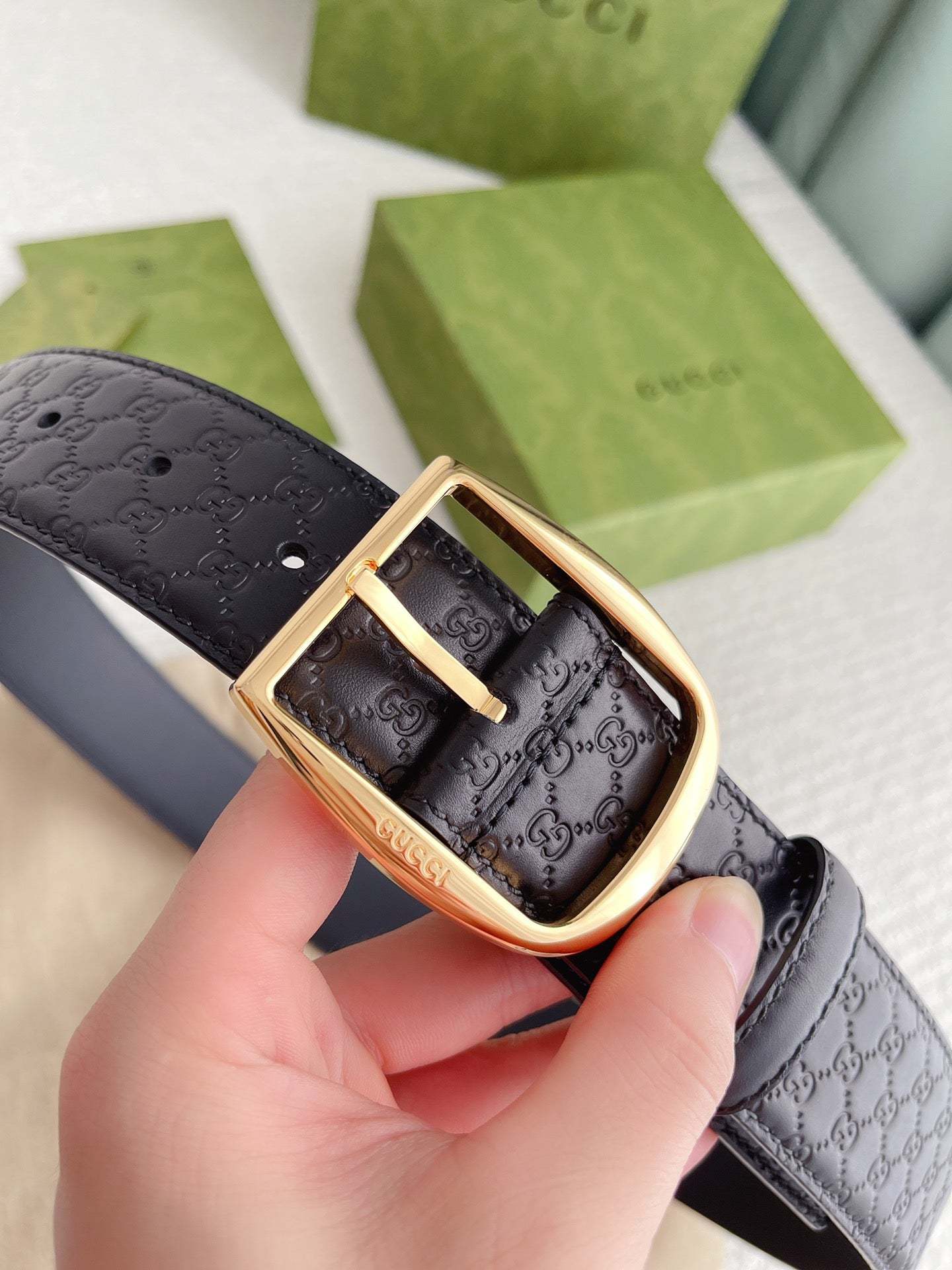 GG CALFSKIN MONOGRAM BLACK BELT GOLD METAL 4CM