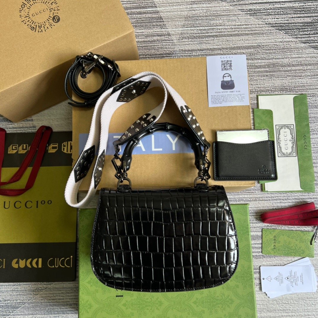 gg Bamboo 1947 Crocodile Top Handle Bag Black For Women, Women’s Bags 10.2in/26cm gg