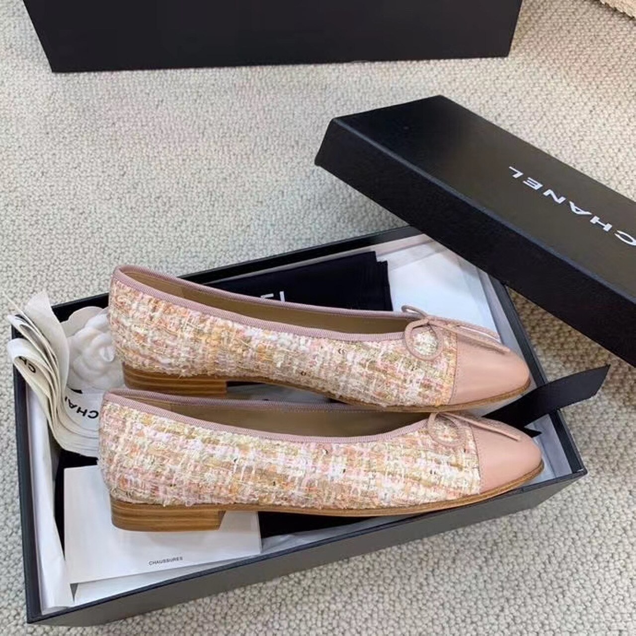 CHL LIGHT PINK BALLERINA FLATS TWEED AND GROSGRAIN