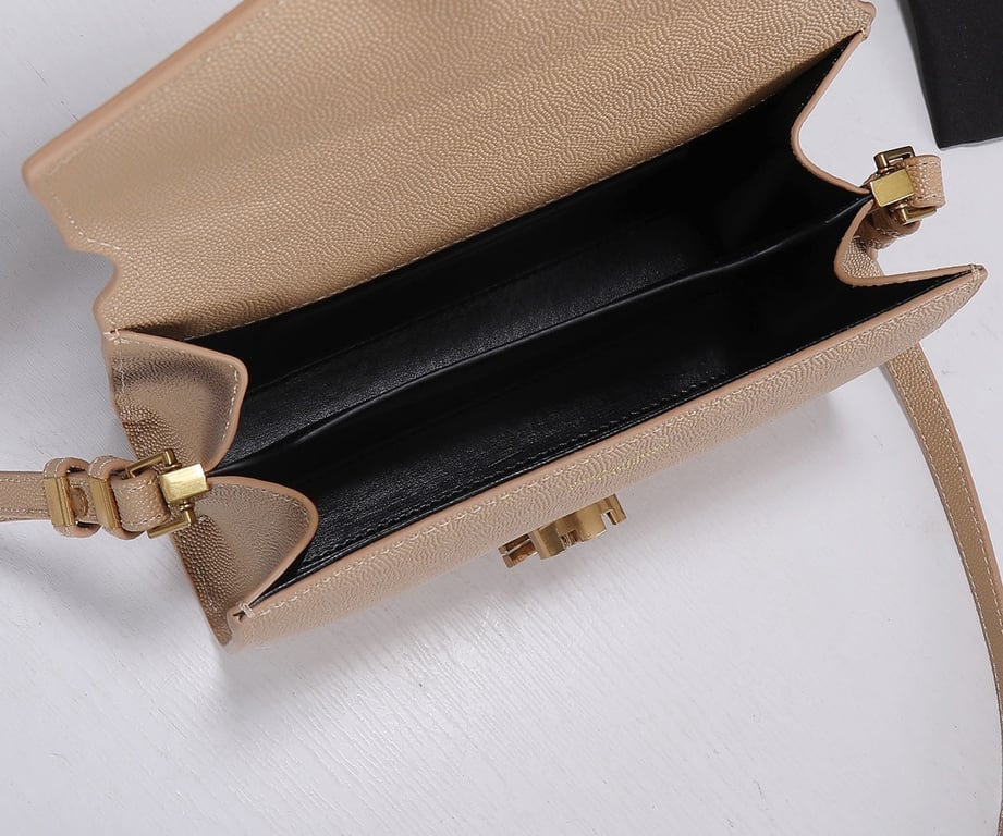 SAINT LAURENT CASSANDRA MINI TOP HANDLE BAG IN GRAIN DE POUDRE EMBOSSED DARK BEIGE 20CM