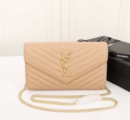 SAINT LAURENT CASSANDRE MATELASSE CHAIN WALLET IN GRAIN DE POUDRE EMBOSSED BEIGE 22CM