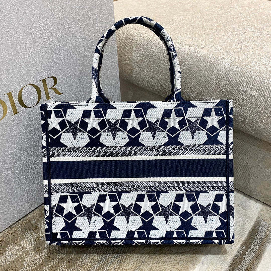 DI Medium Book Tote Bag in Étoile Embroidery Bag, Blue/White, For Women Women’s Handbags, 36cm CD