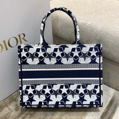 DI Medium Book Tote Bag in Étoile Embroidery Bag, Blue/White, For Women Women’s Handbags, 36cm CD