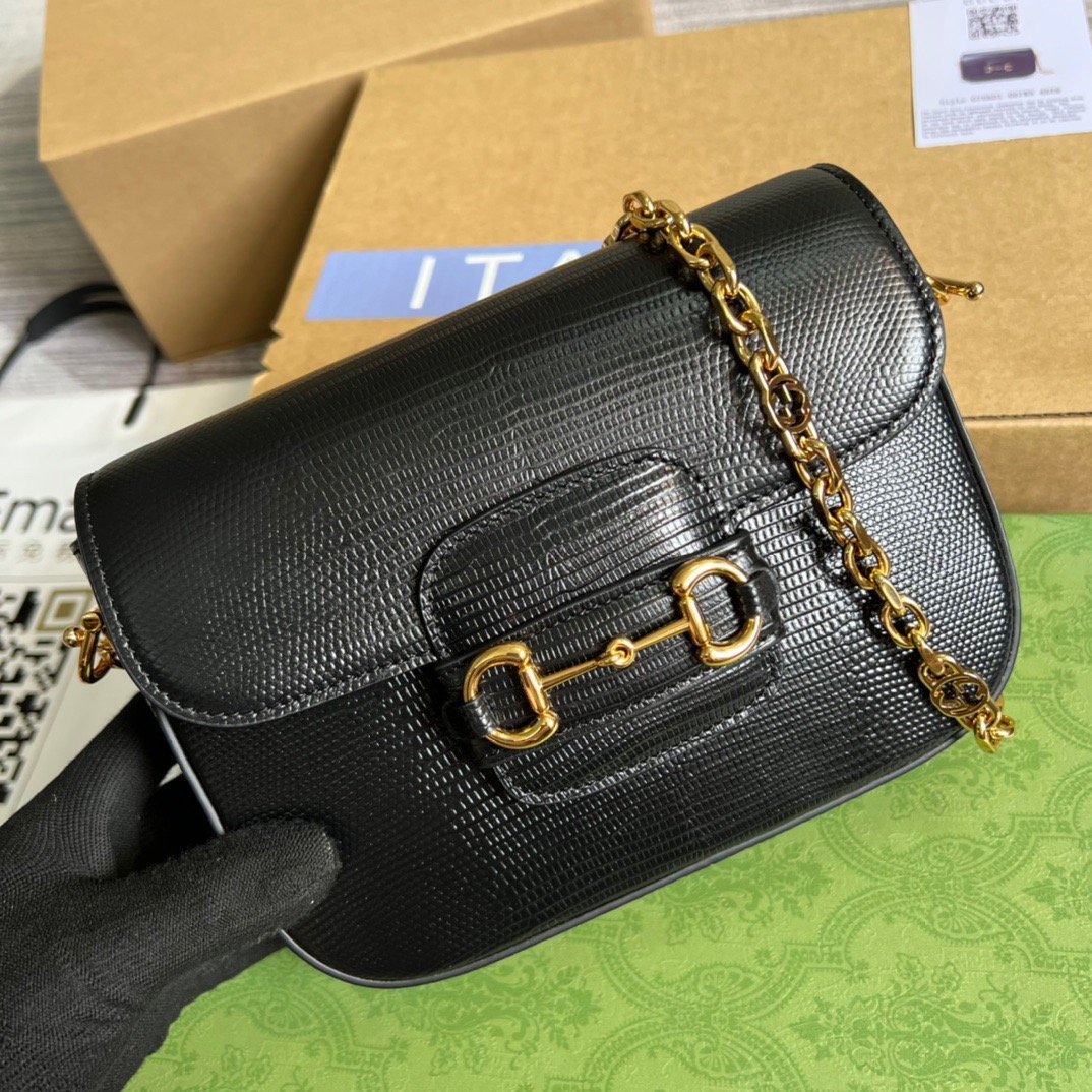 gg Horsebit 1955 Lizard Mini Bag Black For Women, Women&#8217;s Bags 8in/20cm gg