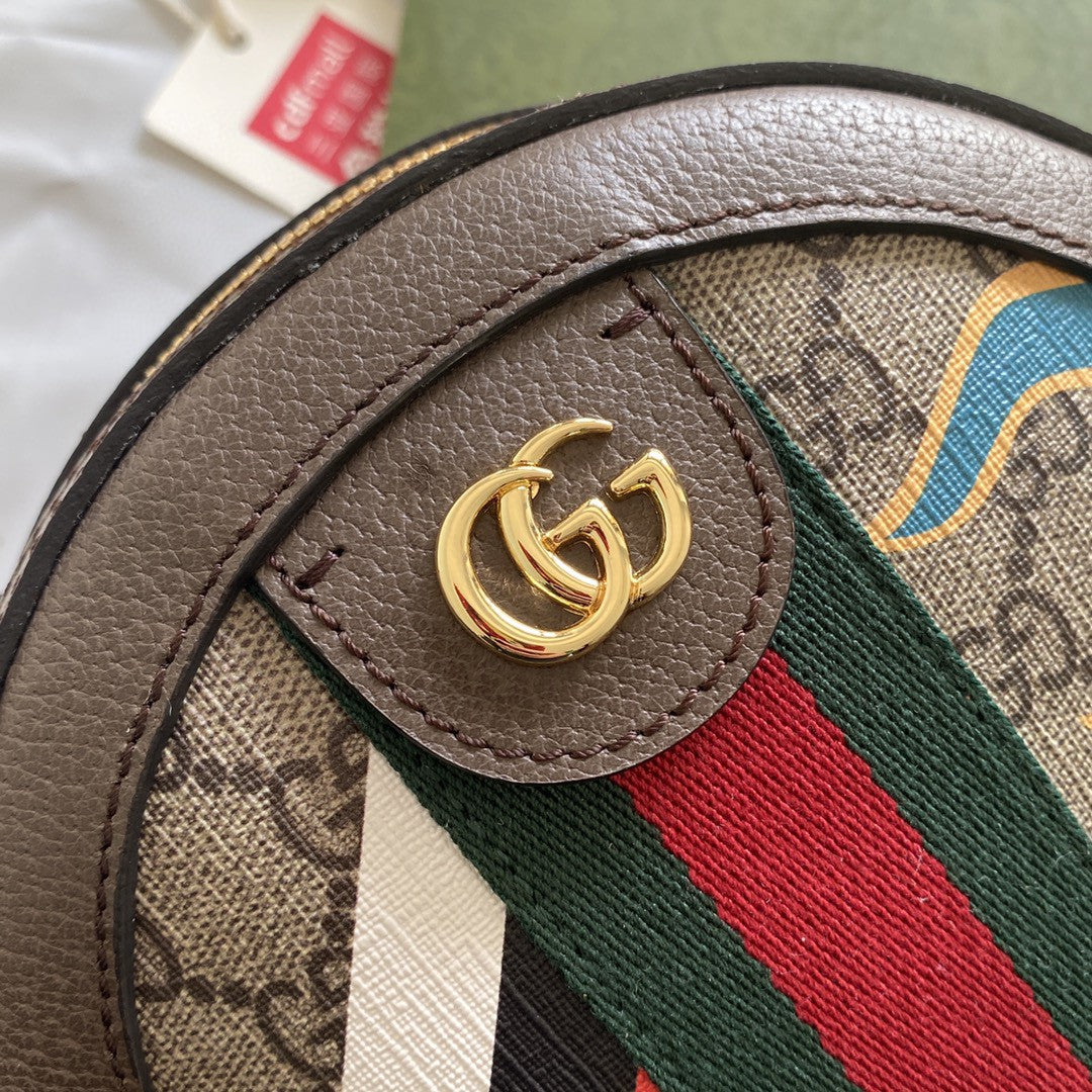 gg Round Shoulder Bag With Double G Beige And Ebony Supreme Canvas With Stripes And Flames Print Brown For Women 7,5in/19cm ‎574978 UQHNE 9885
