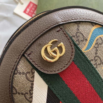 gg Round Shoulder Bag With Double G Beige And Ebony Supreme Canvas With Stripes And Flames Print Brown For Women 7,5in/19cm ‎574978 UQHNE 9885