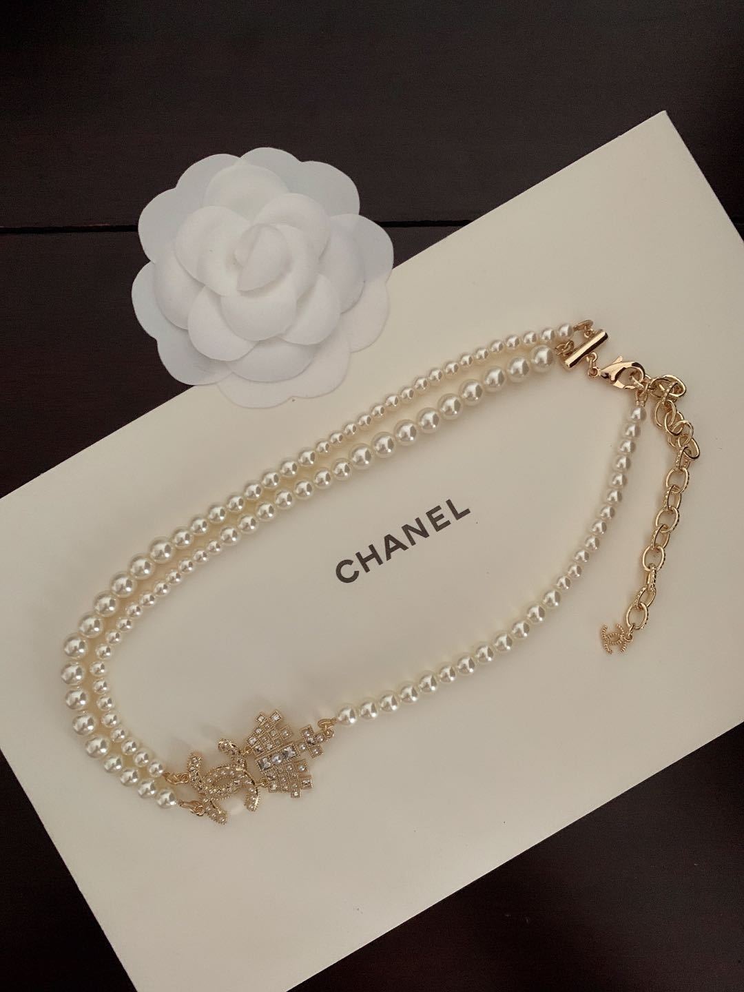 CC FAUX PEARL AND CRYSTAL CC DOUBLE STRAND NECKLACE