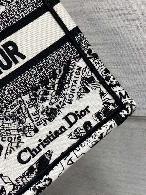 DIR MEDIUM BOOK TOTE WHITE AND BLACK PLAN DE PARIS EMBROIDERY 36CM