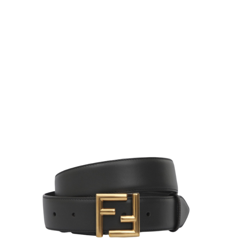 FD BLACK LEATHER BELT WITH FD GOLD BUCKLE 40MM