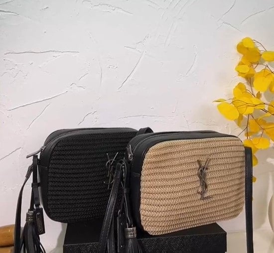 SAINT LAURENT LOU CAMERA BAG IN RAFFIA AND SMOOTH LEATHER BLACK 24CM