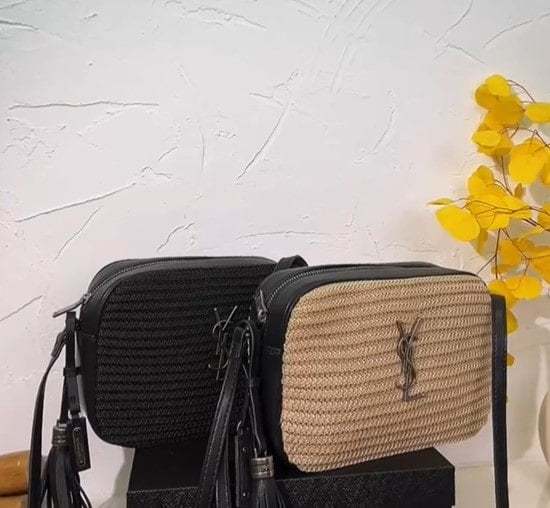 SAINT LAURENT LOU CAMERA BAG IN RAFFIA AND SMOOTH LEATHER BLACK 24CM