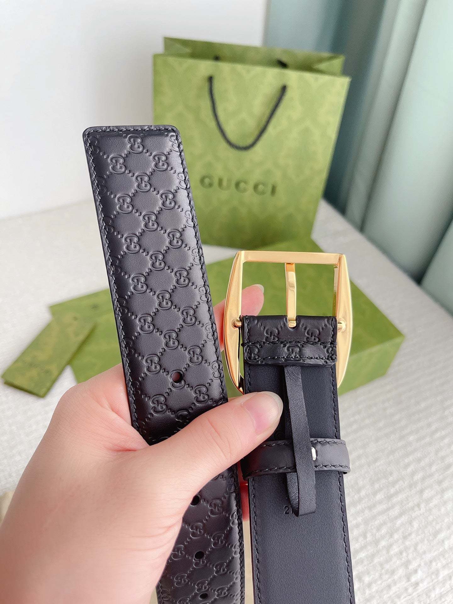 GG CALFSKIN MONOGRAM BLACK BELT GOLD METAL 4CM