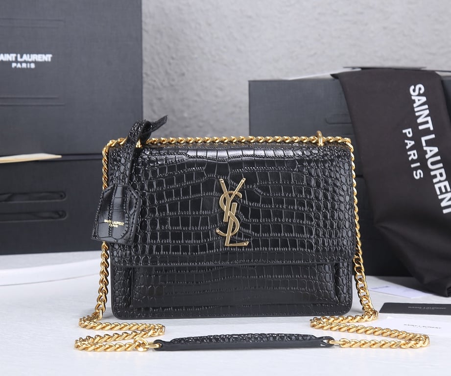 SAINT LAURENT SUNSET MEDIUM CHAIN GAB IN CROCODILE EMBOSSED SHINY BLACK GOLD 22CM