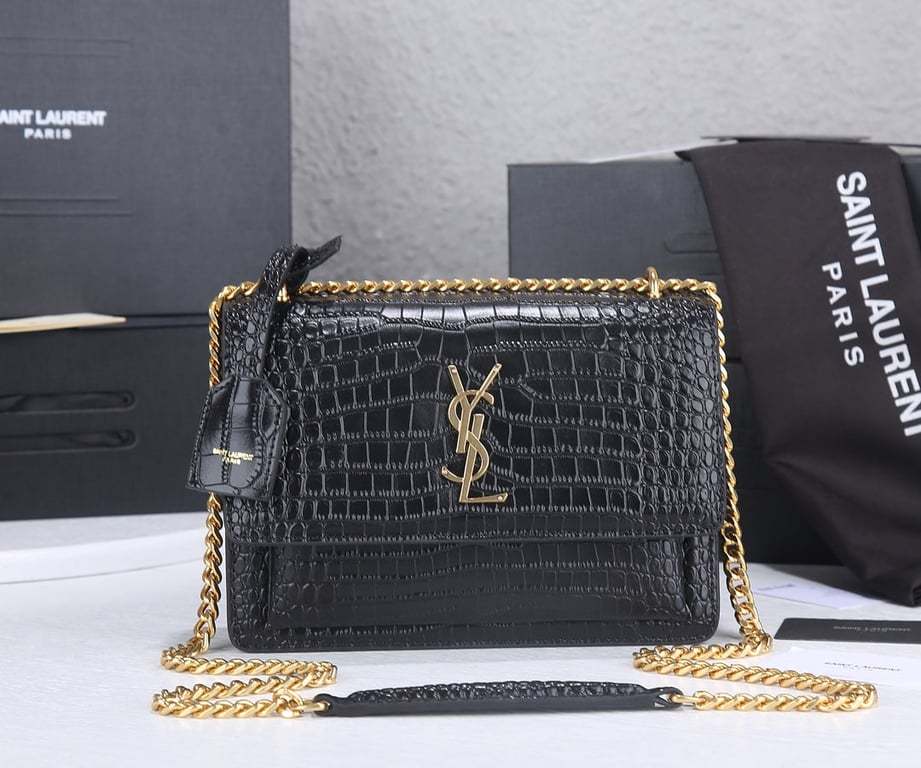 SAINT LAURENT SUNSET MEDIUM CHAIN GAB IN CROCODILE EMBOSSED SHINY BLACK GOLD 22CM