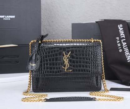SAINT LAURENT SUNSET MEDIUM CHAIN GAB IN CROCODILE EMBOSSED SHINY BLACK GOLD 22CM