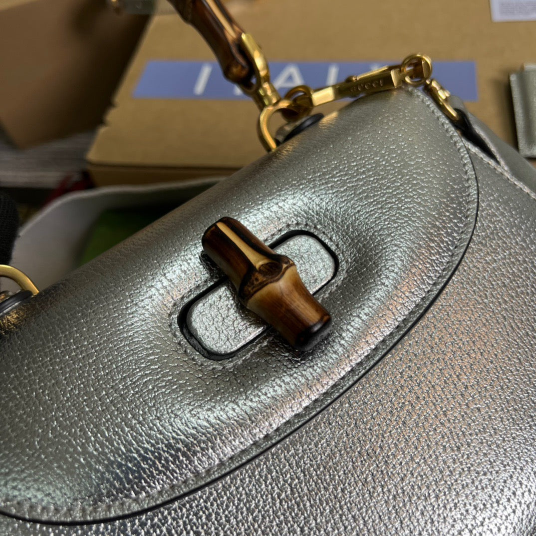 gg Bamboo 1947 Medium Top Handle Bag Silver For Women, Women’s Bags 10.2in/26cm gg