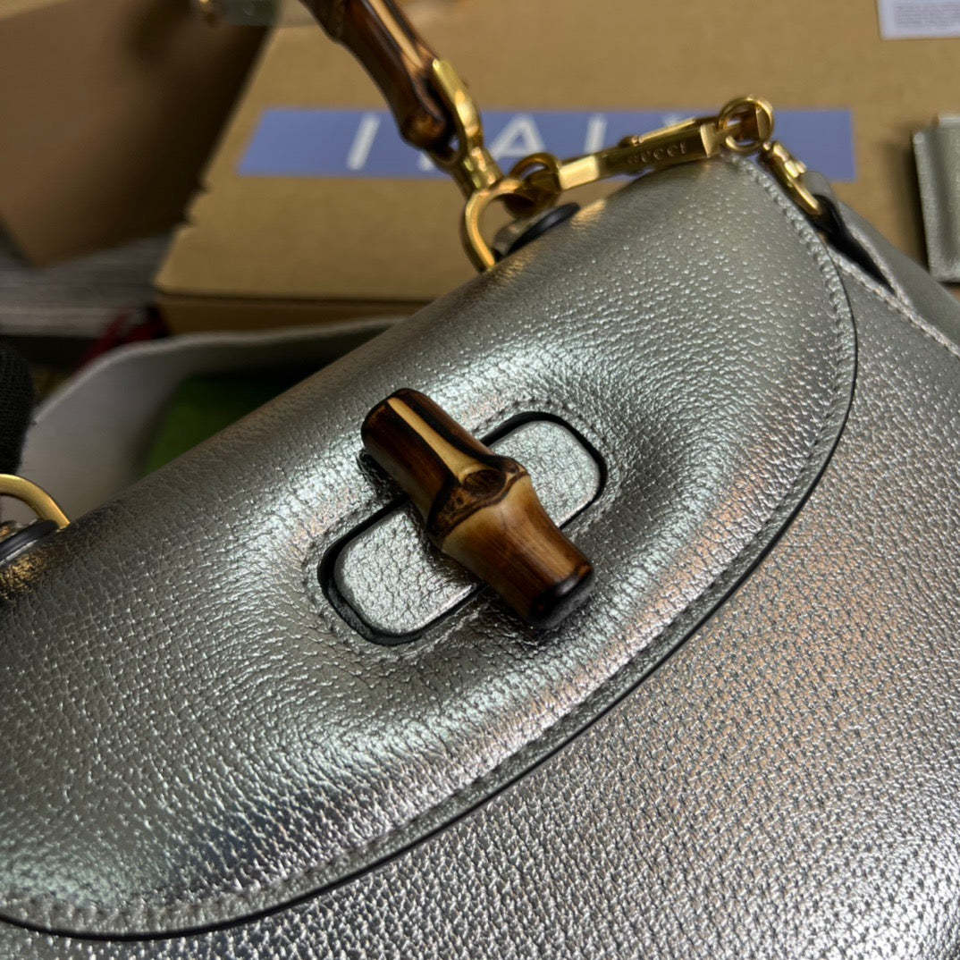 gg Bamboo 1947 Medium Top Handle Bag Silver For Women, Women’s Bags 10.2in/26cm gg