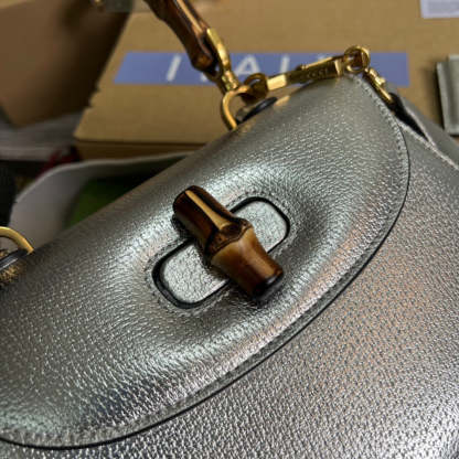 gg Bamboo 1947 Medium Top Handle Bag Silver For Women, Women’s Bags 10.2in/26cm gg