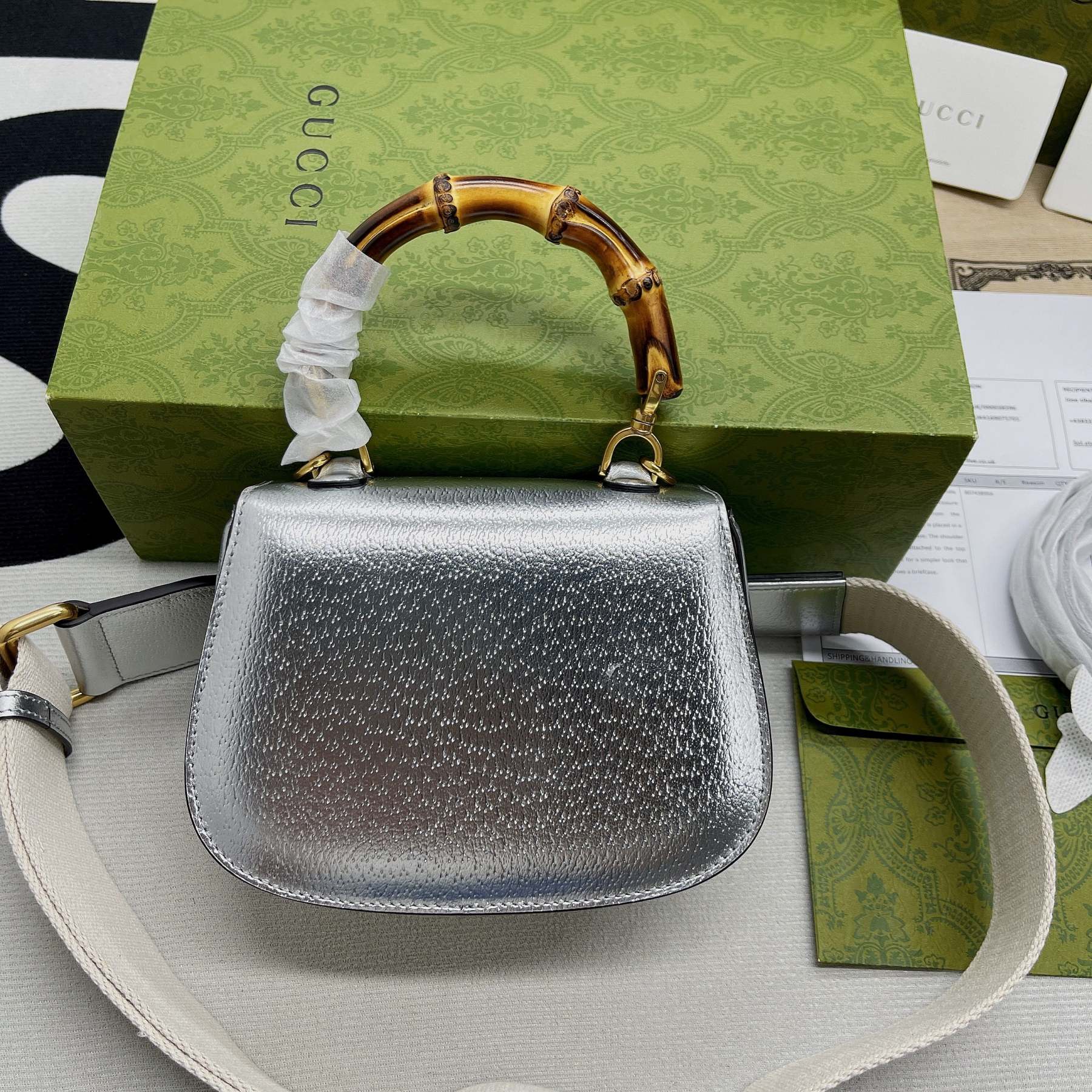 gg Bamboo 1947 Mini Top Handle Bag Silver For Women, Women’s Bags 6.7in/17cm gg