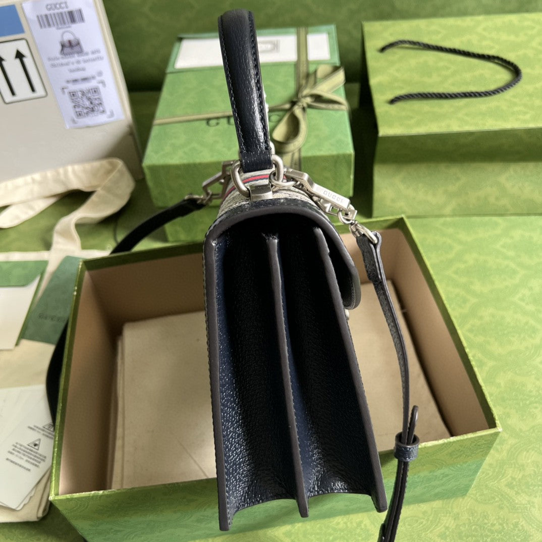 gg Ophidia Small Top Handle Bag Beige And Blue gg Supreme Canvas  For Women 10in/25cm 651055 96IWN 4076