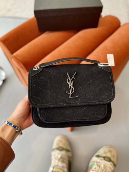 YSL NIKI MEDIUM QUILTED SUEDE SHOULDER BAG BLACK
