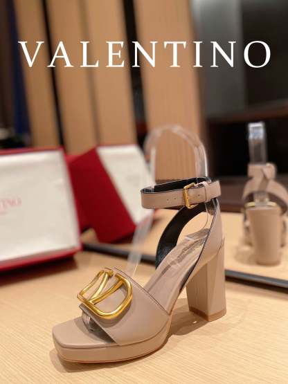 Valentino Garavani Strap Heeled Sandals With V Logo Signature Embellishment Beige For Women