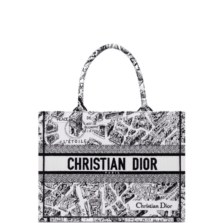 DIR MEDIUM BOOK TOTE WHITE AND BLACK PLAN DE PARIS EMBROIDERY 36CM