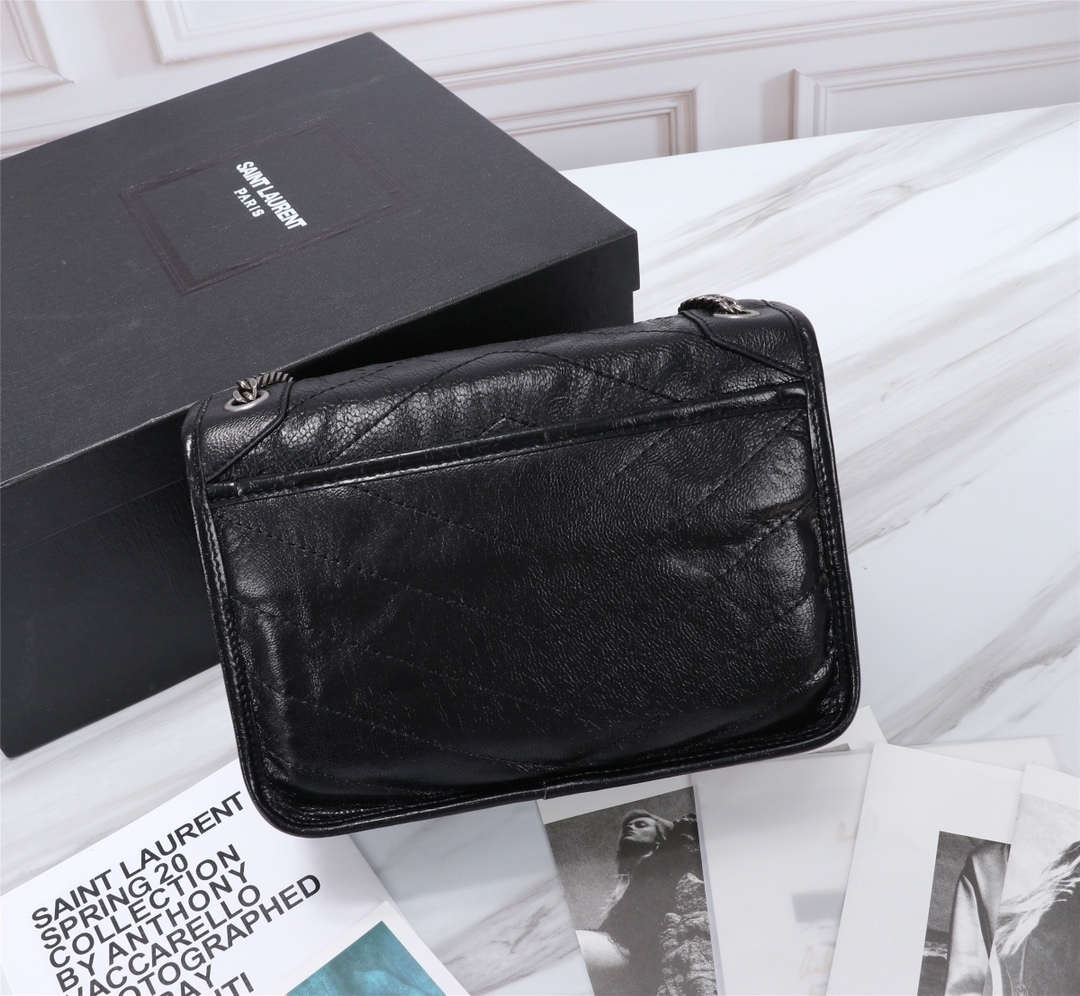 YSL NIKI BABY CHAIN BAG IN CRINKLED VINTAGE BLACK NOIR 21CM 6331600EN041000