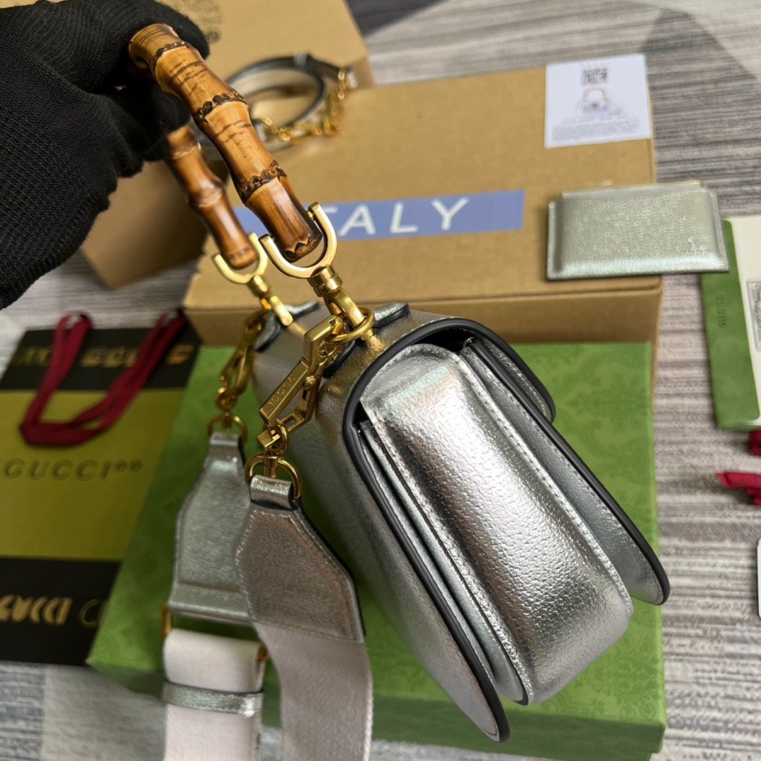 gg Bamboo 1947 Medium Top Handle Bag Silver For Women, Women’s Bags 10.2in/26cm gg