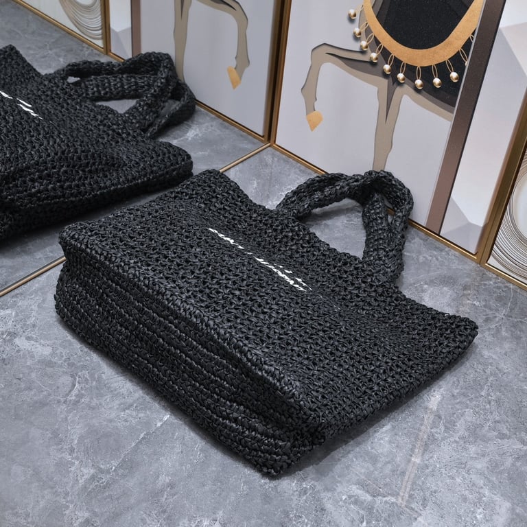 SAINT LAURENT BLACK TOTE RIVE GAUCHE RAFFIA CROCHET