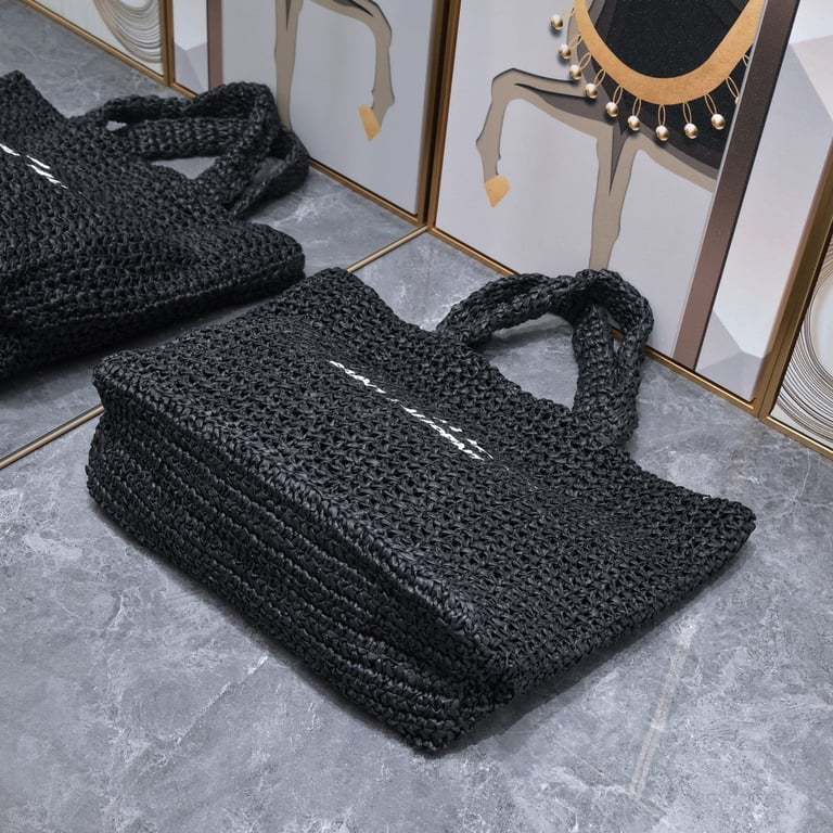 SAINT LAURENT BLACK TOTE RIVE GAUCHE RAFFIA CROCHET
