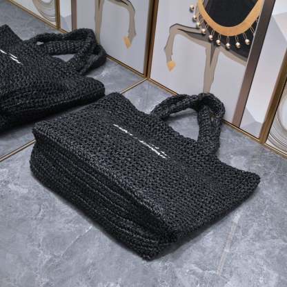 SAINT LAURENT BLACK TOTE RIVE GAUCHE RAFFIA CROCHET