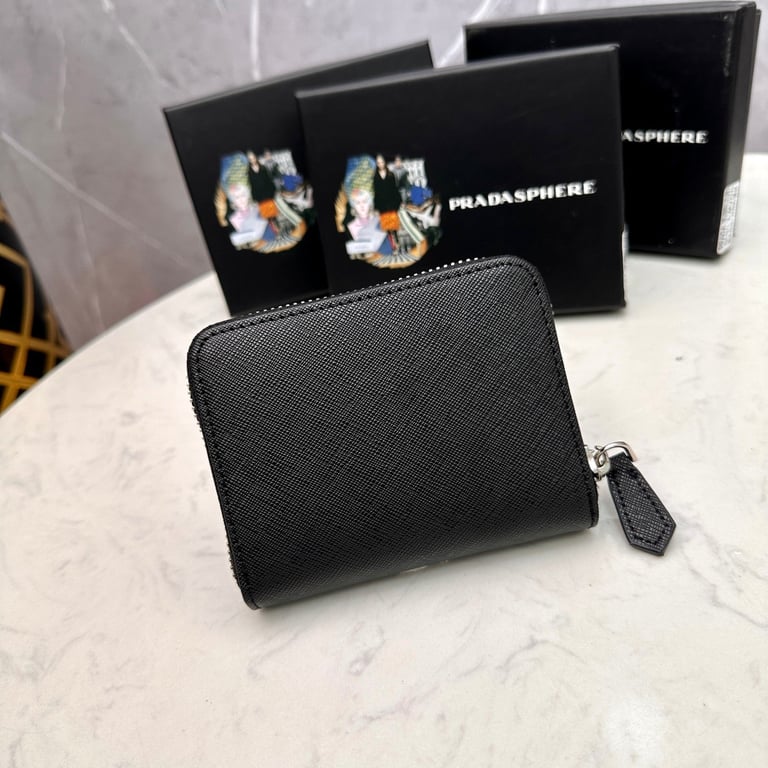 PR SMALL SAFFIANO LEATHER WALLET BLACK AND SILVER 10CM 1ML036 QHH F0002